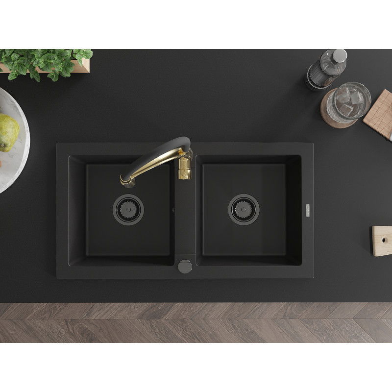 Mexen Mario dvoukomorový granitový dřez s kuchyňskou baterií Aster, černý - 6504-77-73450-57-B