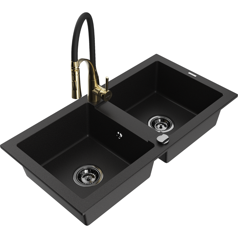 Mexen Mario dvoukomorový granitový dřez s kuchyňskou baterií Aster, černý - 6504-77-73450-57-B