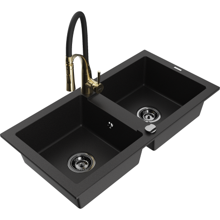 Mexen Mario dvoukomorový granitový dřez s kuchyňskou baterií Aster, černý - 6504-77-73450-57-B