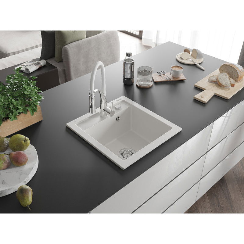 Mexen Vito granitový dřez 1-komorový s kuchyňskou baterií Aster, bílý - 6503-20-73450-02