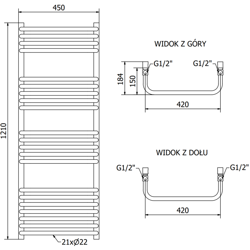 Mexen Apollo koupelnový radiátor 1210 x 450 mm, 566 W, černý - W117-1210-450-00-70