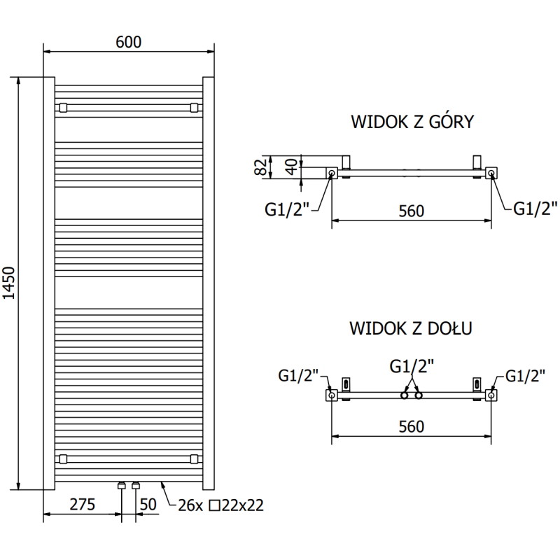 Mexen Pluton koupelnový radiátor 1450 x 600 mm, 835 W, černý - W106-1450-600-00-70