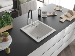 Mexen Vito granitový dřez s 1 komorou a kuchyňskou baterií Aster, bílý - 6503-20-73450-07