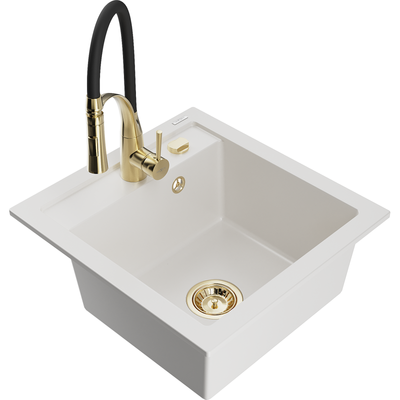 Mexen Vito granitový kuchyňský dřez 1-komorový s kuchyňskou baterií Aster, bílý - 6503-20-73450-57-G