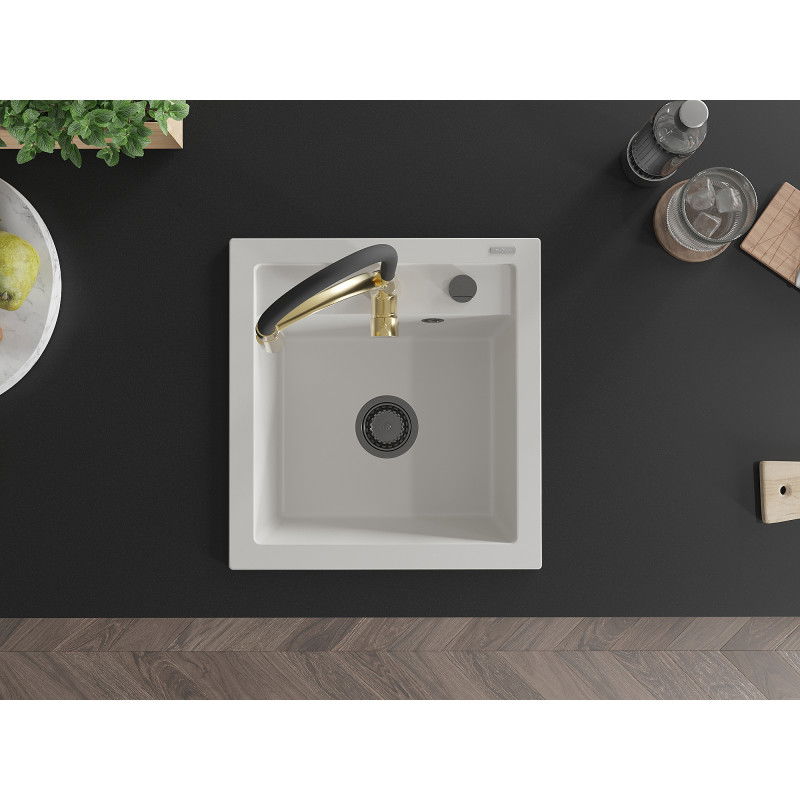 Mexen Vito granitový dřez 1-komorový s kuchyňskou baterií Aster, bílý - 6503-20-73450-57-B