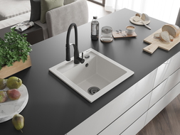 Mexen Vito granitový kuchyňský dřez 1-komorový s kuchyňskou baterií Aster, bílý - 6503-20-73450-70-B