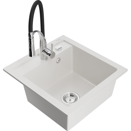 Mexen Vito granitový dřez s 1 komorou a kuchyňskou baterií Aster, bílý - 6503-20-73450-07