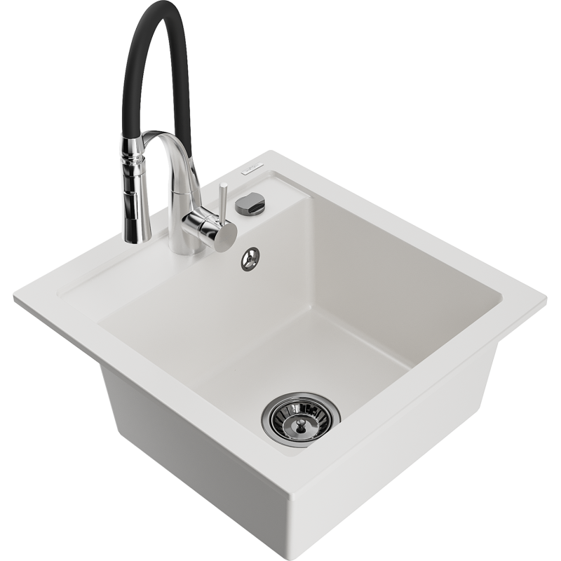 Mexen Vito granitový dřez s 1 komorou a kuchyňskou baterií Aster, bílá - 6503-20-73450-07-B