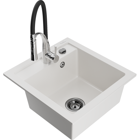 Mexen Vito granitový dřez s 1 komorou a kuchyňskou baterií Aster, bílá - 6503-20-73450-07-B