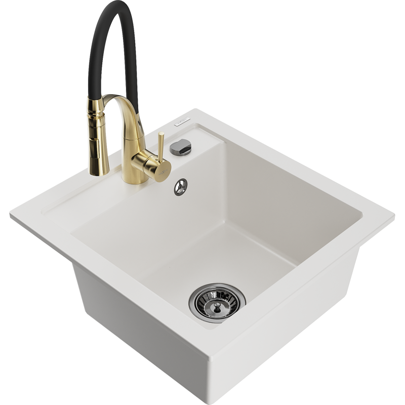 Mexen Matias granitový dřez 1,5-komorový s odkapávačem a kuchyňskou baterií Aster, bílý - 6502-20-73450-57-B