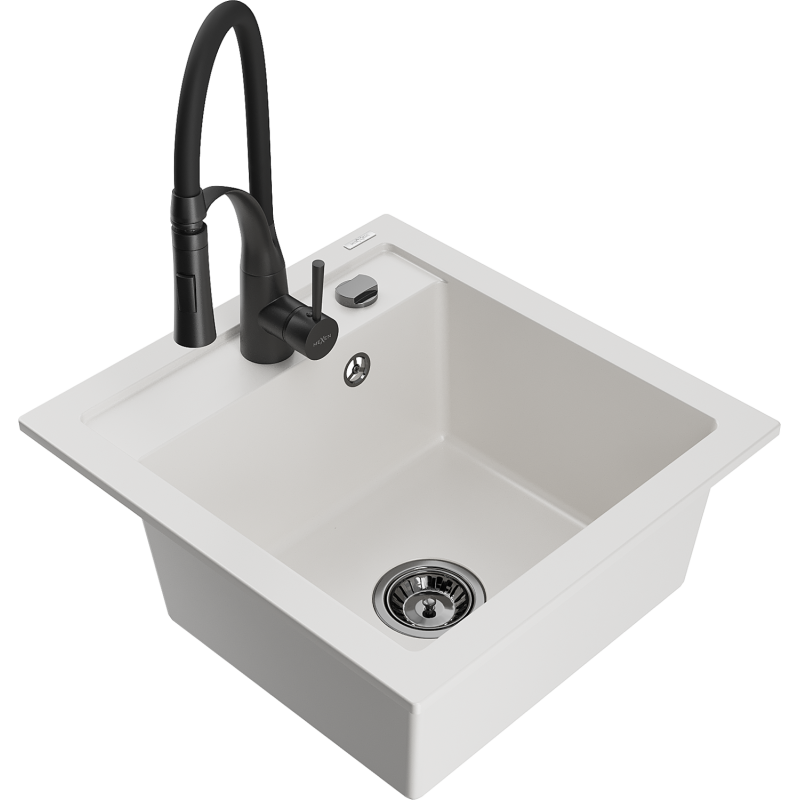 Mexen Vito granitový kuchyňský dřez 1-komorový s kuchyňskou baterií Aster, bílý - 6503-20-73450-70-B