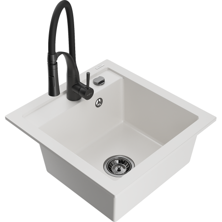Mexen Vito granitový kuchyňský dřez 1-komorový s kuchyňskou baterií Aster, bílý - 6503-20-73450-70-B