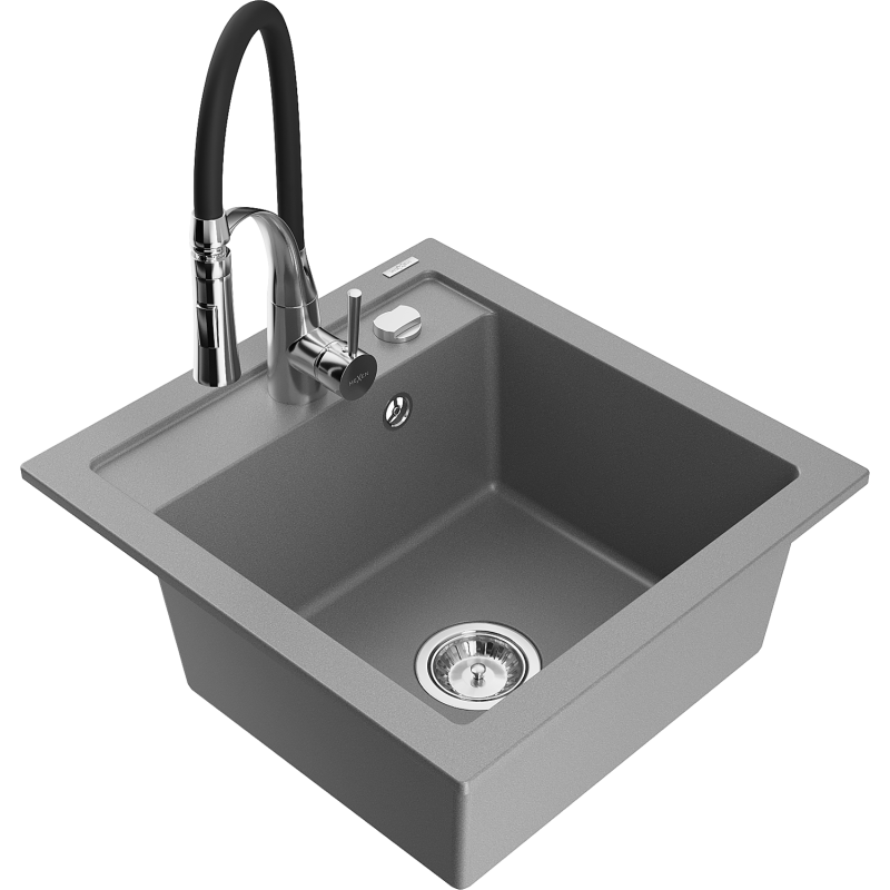 Mexen Vito granitový dřez s 1 vaničkou a kuchyňskou baterií Aster, šedý - 6503-71-73450-07