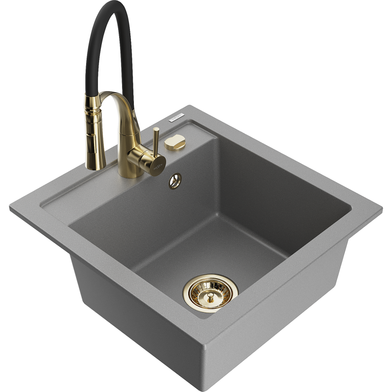 Mexen Vito granitový dřez 1-miskový s kuchyňskou baterií Aster, šedý - 6503-71-73450-57-G