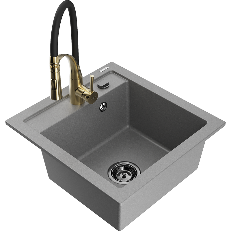 Mexen Vito granitový dřez 1-komorový s kuchyňskou baterií Aster, šedý - 6503-71-73450-57-B