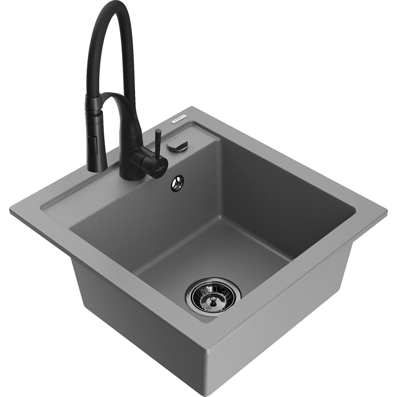 Mexen Vito granitový dřez s 1 komorou a kuchyňskou baterií Aster, šedý - 6503-71-73450-70-B