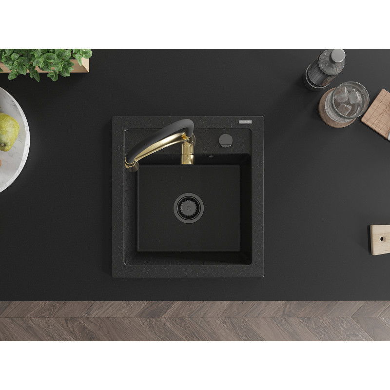 Mexen Vito granitový dřez 1-komorový s kuchyňskou baterií Aster, černý/stříbrný metalický- 6503-73-73450-57-B