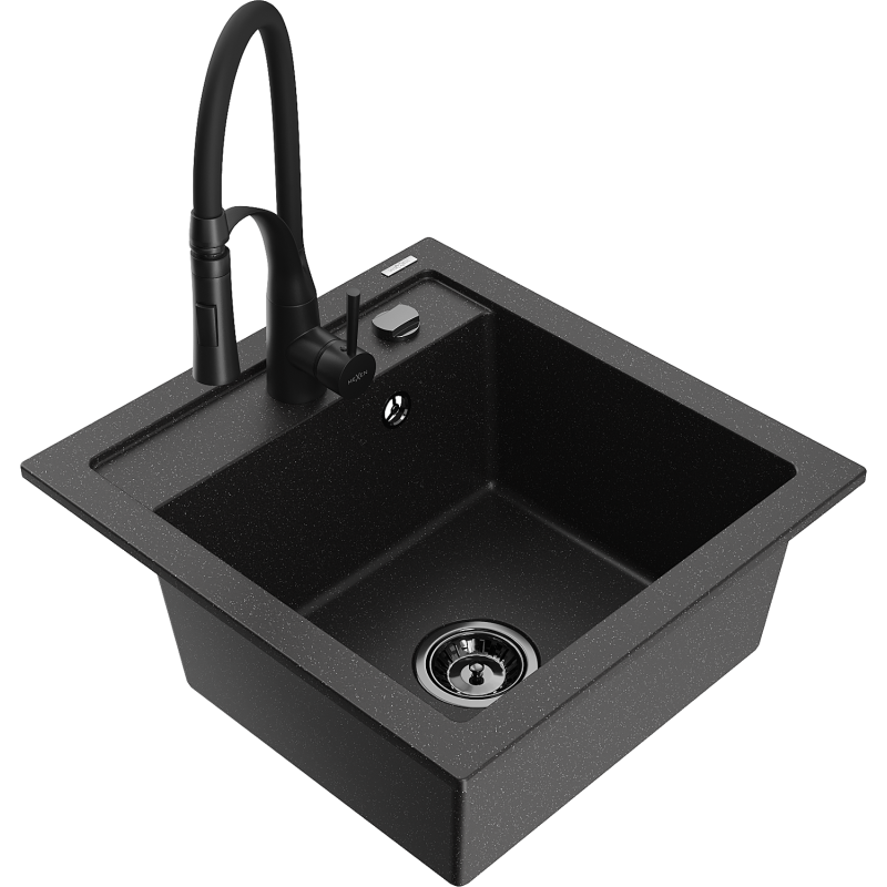 Mexen Vito granitový dřez s 1 komorou a kuchyňskou baterií Aster, černý/stříbrný metalický - 6503-73-73450-70-B