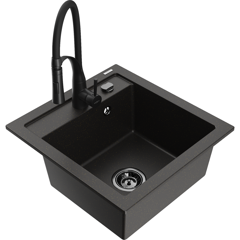 Mexen Vito granitový dřez s 1 komorou a kuchyňskou baterií Aster, černý/zlatý metalik - 6503-75-73450-70-B