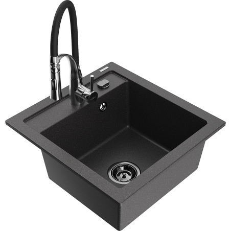 Mexen Vito granitový jednodřez s kuchyňskou baterií Aster, černý s tečkami - 6503-76-73450-07-B