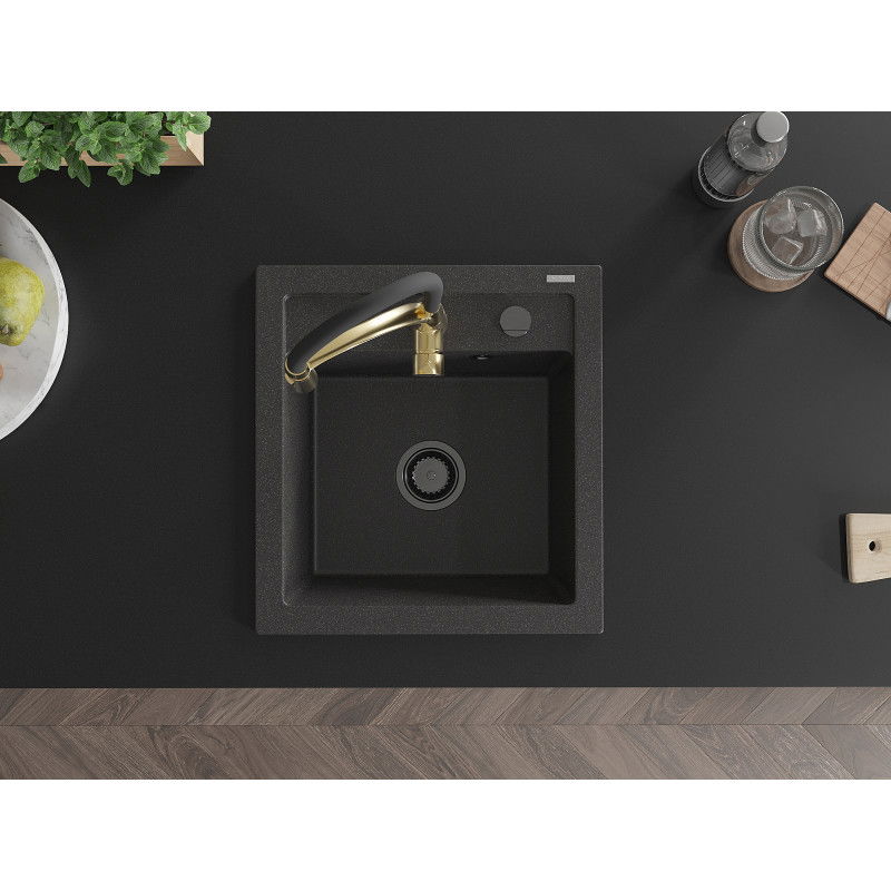 Mexen Vito granitový dřez 1-komorový s kuchyňskou baterií Aster, černý s černými tečkami - 6503-76-73450-57-B