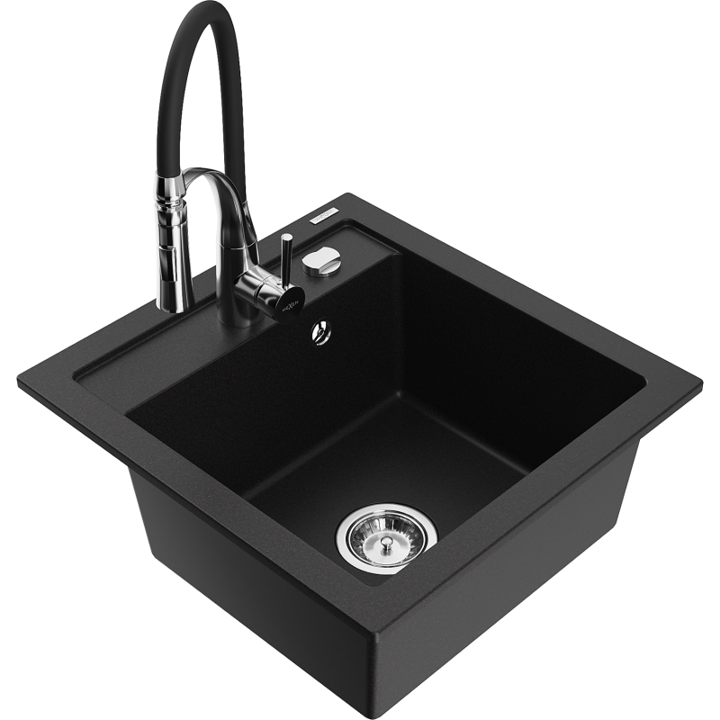 Mexen Vito granitový dřez 1-komorový s kuchyňskou baterií Aster, černý - 6503-77-73450-07