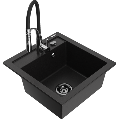 Mexen Vito granitový kuchyňský dřez 1-komorový s kuchyňskou baterií Aster, černý - 6503-77-73450-07-B