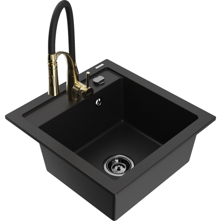 Mexen Vito granitový dřez 1-komorový s kuchyňskou baterií Aster, černý - 6503-77-73450-57-B