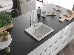 Mexen Milo granitový dřez s 1 komorou a kuchyňskou baterií Aster, bílý - 6505-20-73450-02