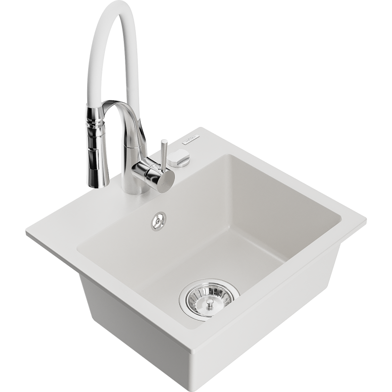 Mexen Milo granitový dřez s 1 komorou a kuchyňskou baterií Aster, bílý - 6505-20-73450-02