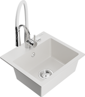 Mexen Milo granitový dřez s 1 komorou a kuchyňskou baterií Aster, bílý - 6505-20-73450-02