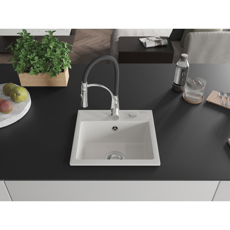 Mexen Milo granitový dřez 1-komorový s kuchyňskou baterií Aster, bílý - 6505-20-73450-07