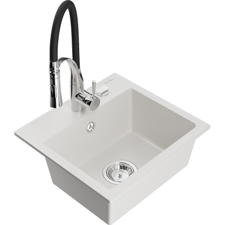 Mexen Milo granitový dřez 1-komorový s kuchyňskou baterií Aster, bílý - 6505-20-73450-07