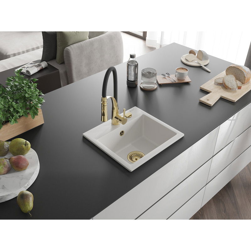 Mexen Milo granitový dřez 1komorový s kuchyňskou baterií Aster, bílý - 6505-20-73450-57-G