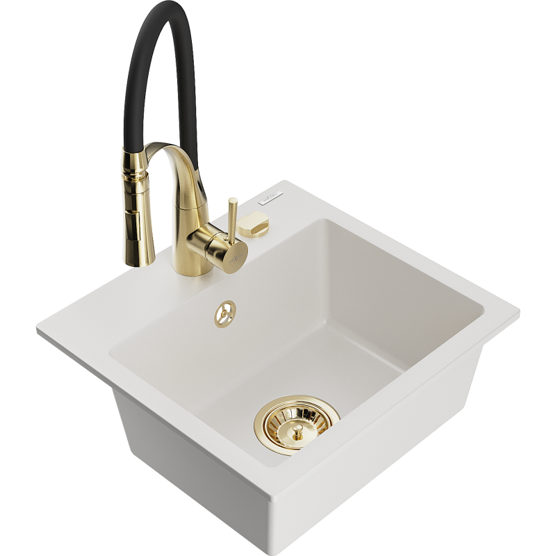 Mexen Milo granitový dřez 1komorový s kuchyňskou baterií Aster, bílý - 6505-20-73450-57-G