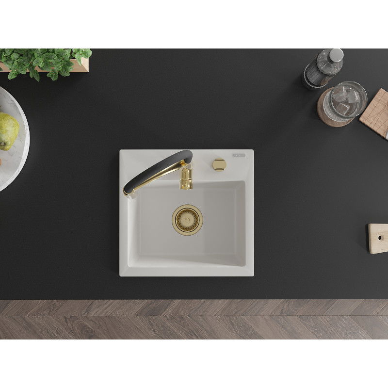 Mexen Milo granitový dřez 1komorový s kuchyňskou baterií Aster, bílý - 6505-20-73450-57-G