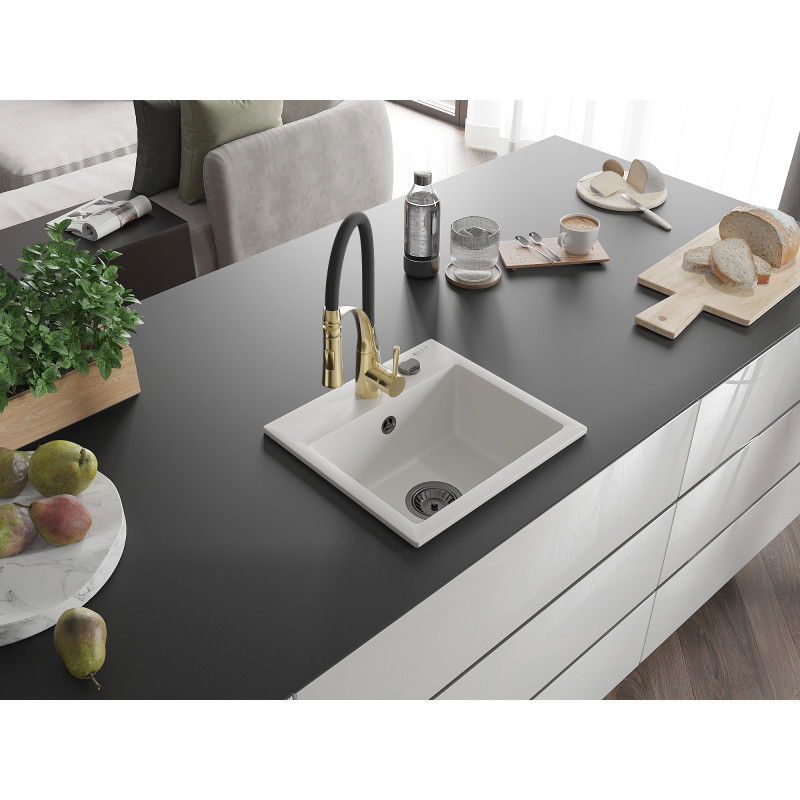 Mexen Milo granitový dřez 1-komorový s kuchyňskou baterií Aster, bílý - 6505-20-73450-57-B