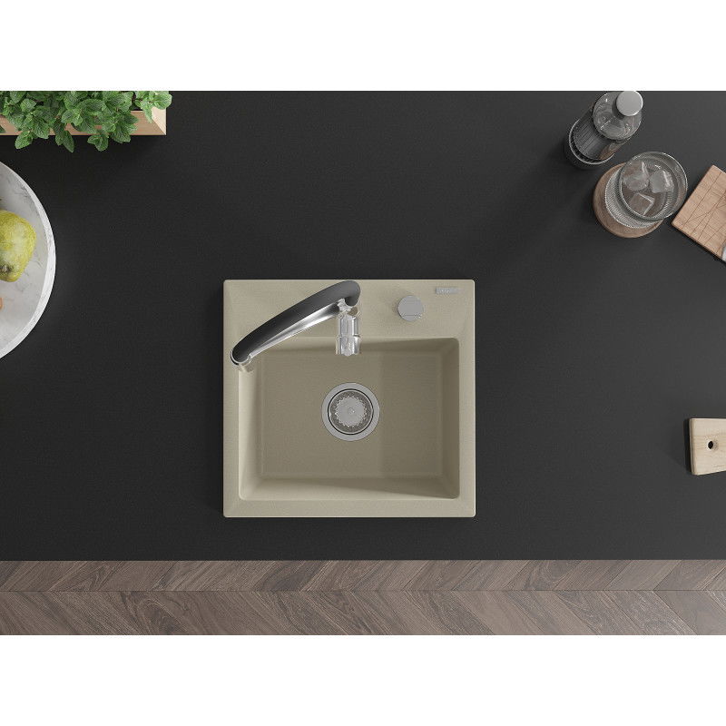 Mexen Milo granitový jednokomorový dřez s kuchyňskou baterií Aster, béžový - 6505-69-73450-07