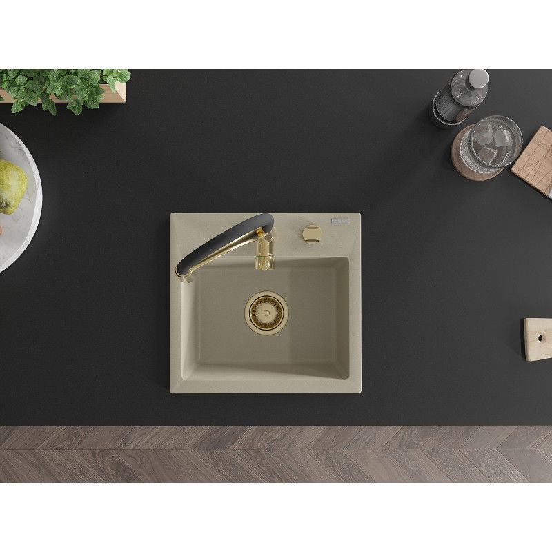 Mexen Milo granitový dřez 1-komorový s kuchyňskou baterií Aster, béžový - 6505-69-73450-57-G