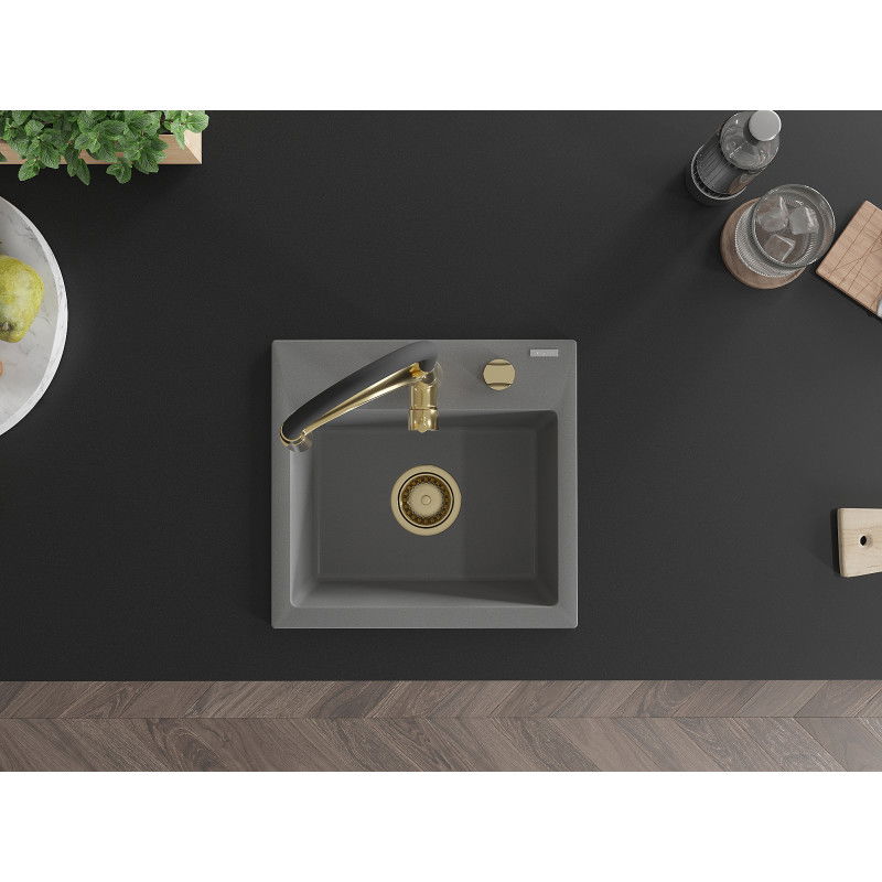 Mexen Milo granitový dřez 1-komorový s kuchyňskou baterií Aster, šedý - 6505-71-73450-57-G