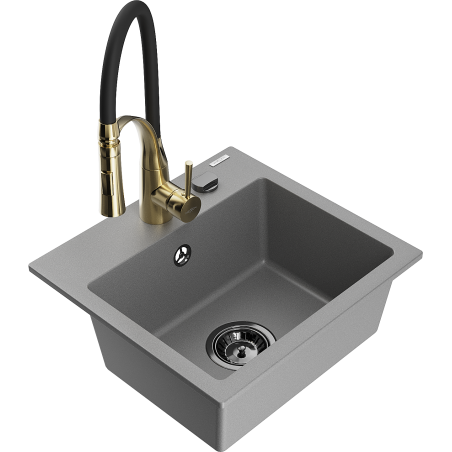 Mexen Milo granitový dřez 1-komorový s kuchyňskou baterií Aster, šedý - 6505-71-73450-57-B