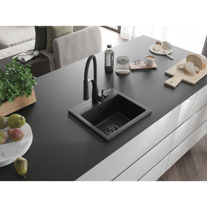 Mexen Milo granitový dřez 1-komorový s kuchyňskou baterií Aster, černý/stříbrný metalík - 6505-73-73450-70-B