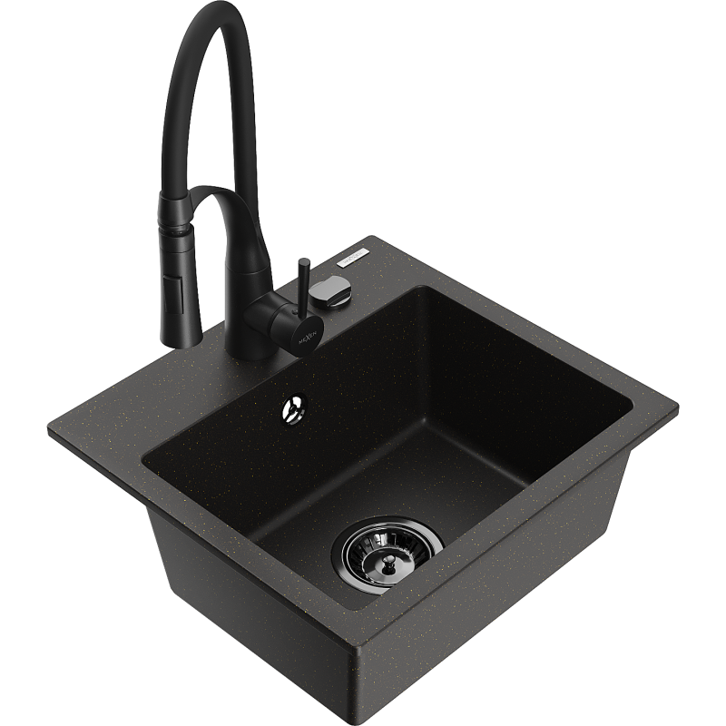 Mexen Milo granitový kuchyňský dřez 1-komorový s kuchyňskou baterií Aster, černý/zlatý metalický - 6505-75-73450-70-B