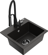 Mexen Milo granitový kuchyňský dřez 1-komorový s kuchyňskou baterií Aster, černý/zlatý metalický - 6505-75-73450-70-B