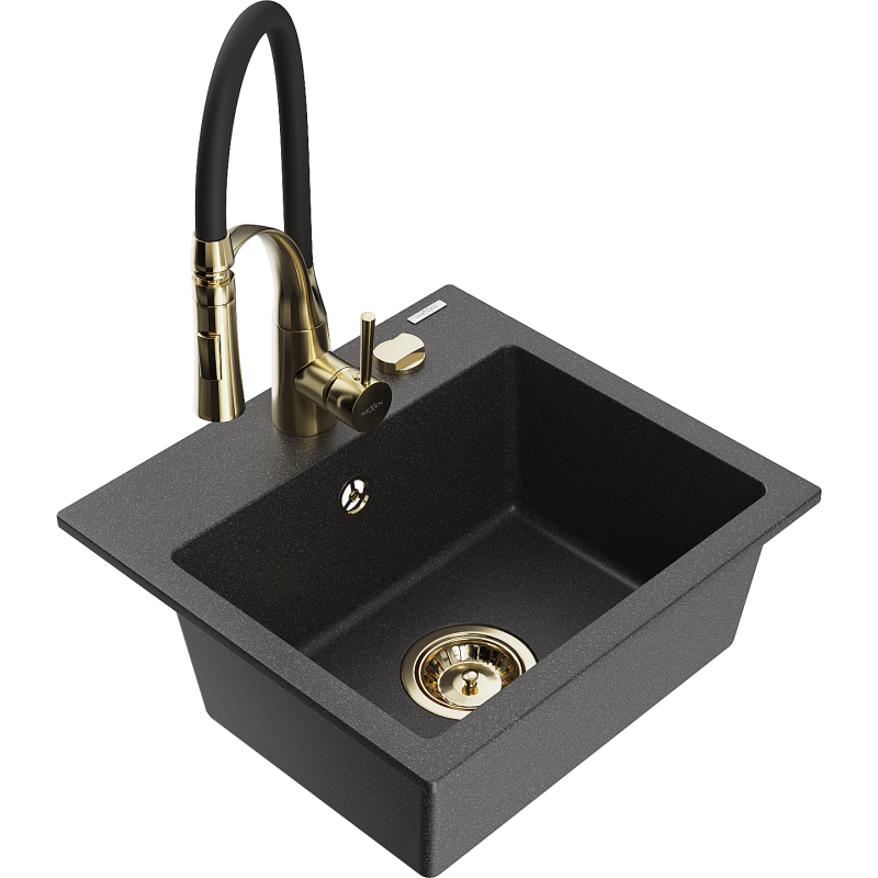 Mexen Milo granitový dřez 1-komorový s kuchyňskou baterií Aster, černý s bílými tečkami - 6505-76-73450-57-G