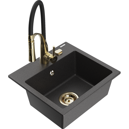 Mexen Milo granitový dřez 1-komorový s kuchyňskou baterií Aster, černý s bílými tečkami - 6505-76-73450-57-G