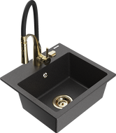 Mexen Milo granitový dřez 1-komorový s kuchyňskou baterií Aster, černý s bílými tečkami - 6505-76-73450-57-G