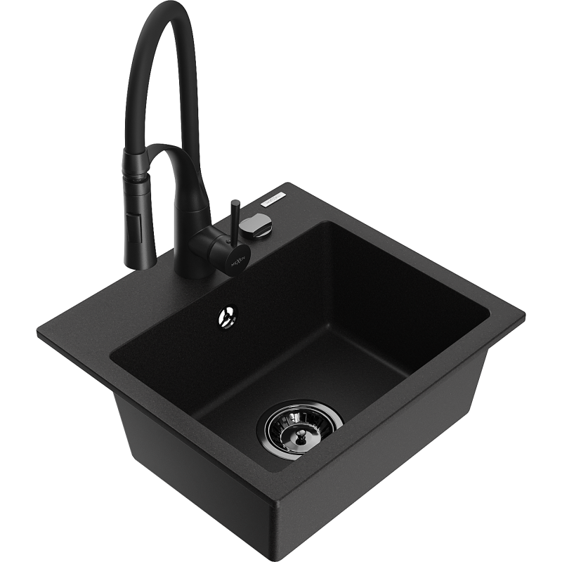 Mexen Milo granitový dřez 1-komorový s kuchyňskou baterií Aster, černý - 6505-77-73450-70-B