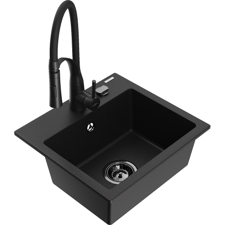 Mexen Milo granitový dřez 1-komorový s kuchyňskou baterií Aster, černý - 6505-77-73450-70-B