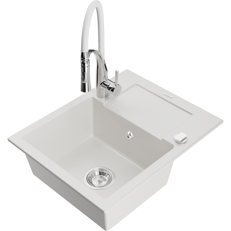 Mexen Enzo granitový dřez s 1 komorou s odkapávačem a kuchyňskou baterií Aster, bílý - 6506-20-73450-02